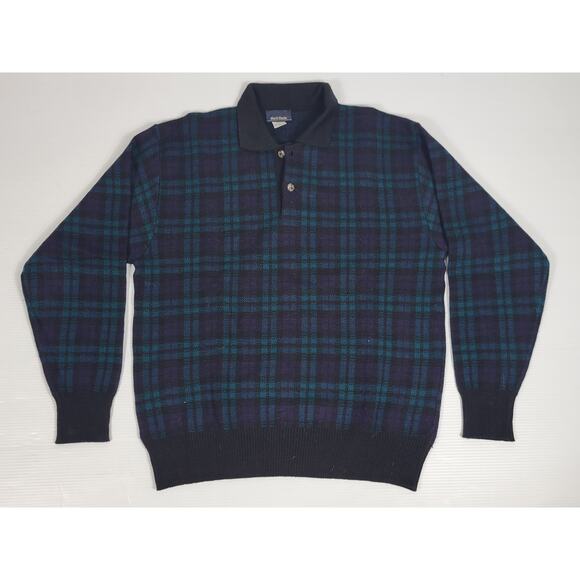 Vintage Mark Shale‎ Mens XL 100% Wool Tartan Green Blue Plaid Christmas Sweater - Picture 1 of 8